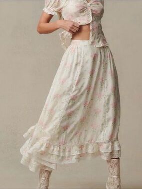 LoveShackFancy Silk & Cotton Navya Floral Lace Midi Skirt Size 4